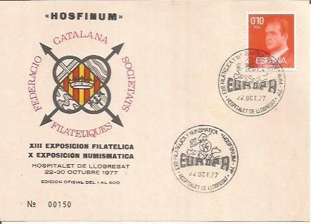 TARJETA FILATELICA 0027: XIII Exposicion Filatelica. Hospitalet de Llobregat 22-30 octubre. Numero de serie: 00150