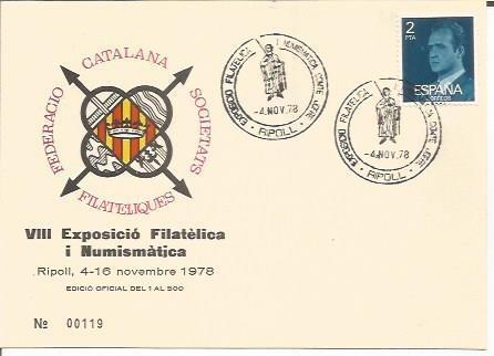 TARJETA FILATELICA 0053: VIII Exposicion Filatelica i Numismatica. Ripoll. Numero de serie: 00119