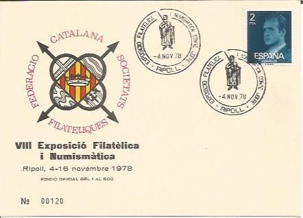 TARJETA FILATELICA 0052: VIII Exposicion Filatelica i Numismatica. Ripoll. Numero de serie: 00120