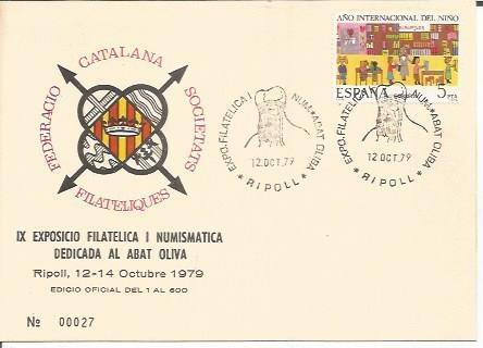 TARJETA FILATELICA 0040: IX Exposicio Filatelica i Numismatica dedicada al Abat Oliva. Ripoll. Numero de serie: 00027