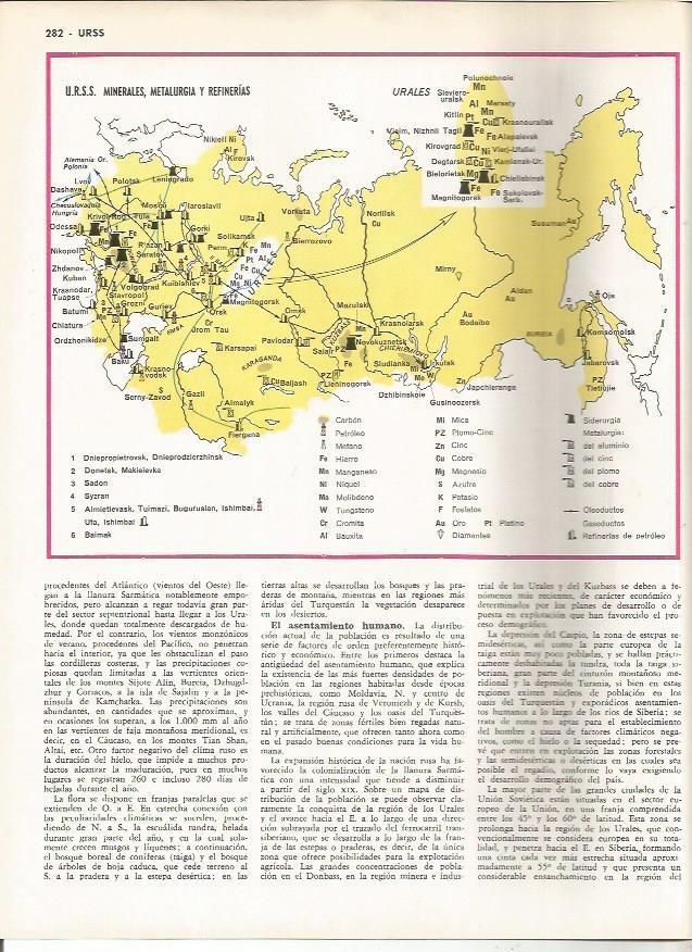 LAMINA MONITOR 0886: Mapa de minerales, metalurgia y refinerias de la URSS