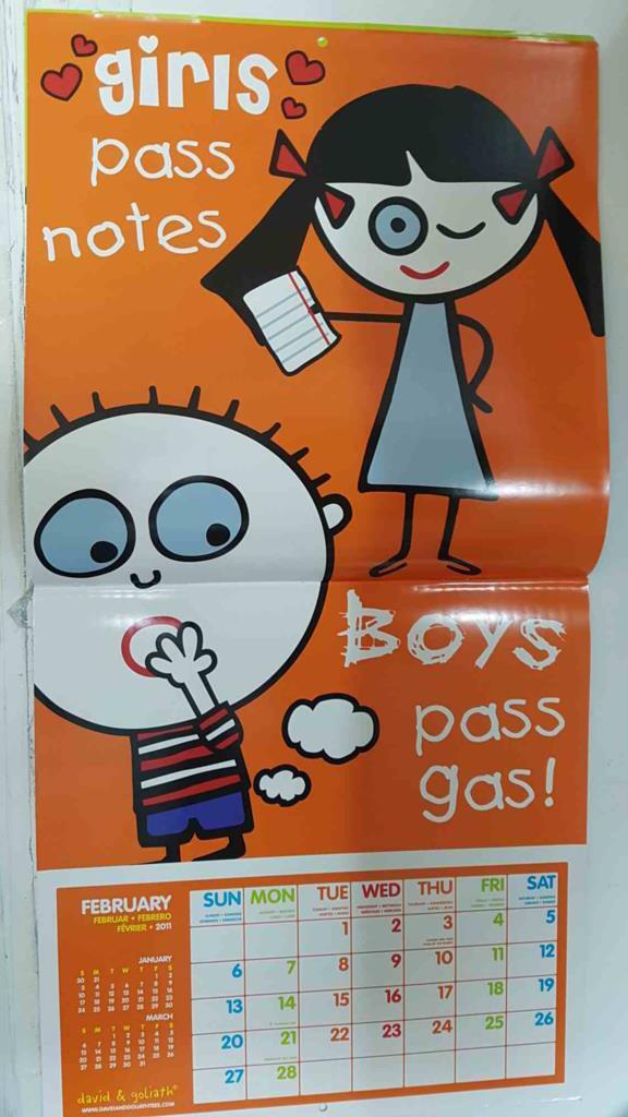 Calendario / Kalender / Calendrier / Calendar: 2011 : Boys are Stupid (david & goliath) - lamina 02, girls pass notes, boys pass gas