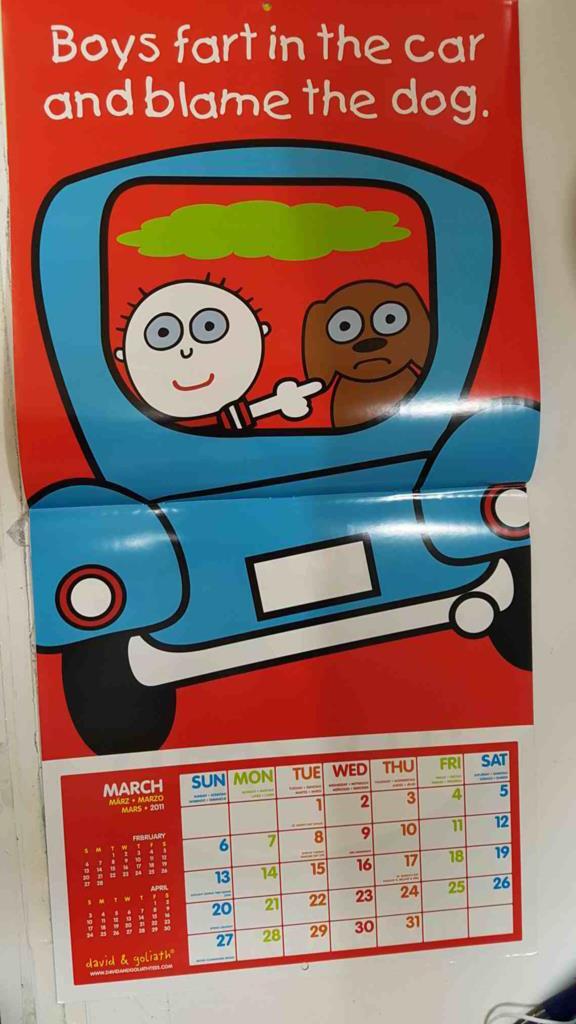 Calendario / Kalender / Calendrier / Calendar: 2011 : Boys are Stupid (david & goliath) - lamina 03, Boys fart in the car and blame the dog