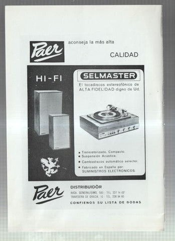 El Liceo: Lamina/pagina numerada 15: artista JACQUELINE DE MIN y firma comercial PAER: selmaster tocadisco