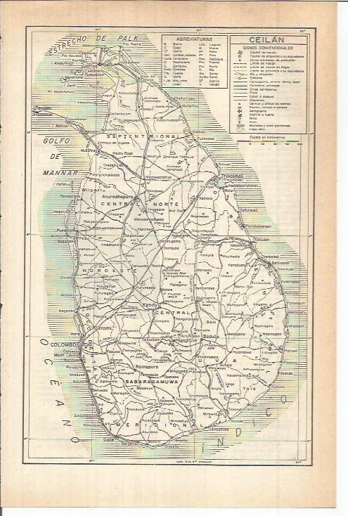LAMINA ESPASA 38046: Mapa de Ceilan, actual Sri Lanka