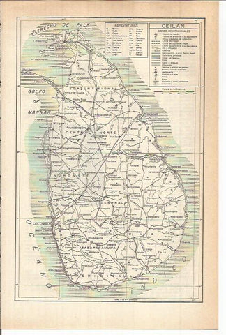 LAMINA ESPASA 38046: Mapa de Ceilan, actual Sri Lanka