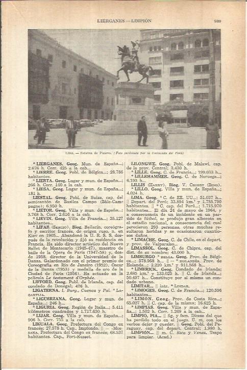 LAMINA ESPASA 38207: Estatua de Pizarro en Lima, Peru