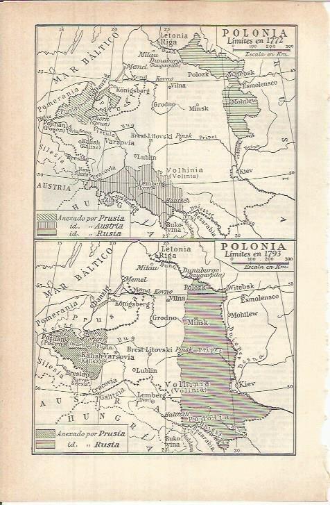LAMINA ESPASA 37824: Mapa de Polonia en 1772 y 1793
