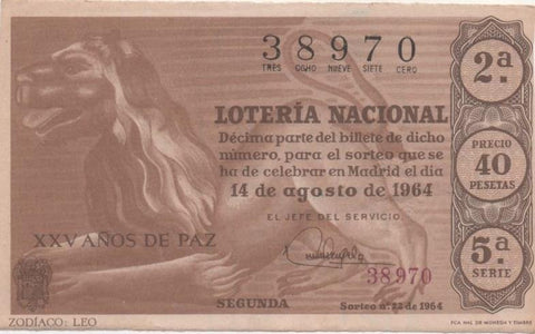 Loteria E00001: hoja nº 1. Loteria Nacional. nº 38970, serie 5ª, fracción 2ª, precio 40 pesetas, sorteo nº 23 del 14 de Agosto de 1964. Zodiaco Leo