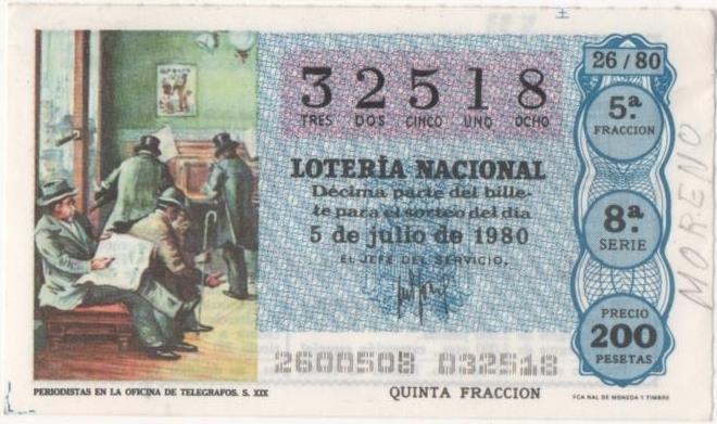 Loteria E00533: hoja nº 36. Loteria Nacional. Nº 32518, serie 8ª, fracción 5ª, precio 200 pesetas, sorteo 26/80 del 5 de Julio de 1980. Periodistas en la Oficina de Telegrafos S. XIX