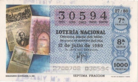 Loteria E00534: hoja nº 37. Loteria Nacional. Nº 30594, serie 8ª, fracción 7ª, precio 1000 pesetas, sorteo 27/80 del 12 de Julio de 1980. Semanarios Ilustrados S. XIX