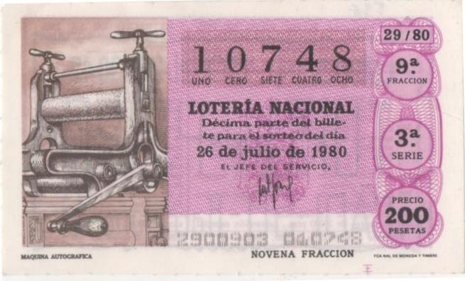 Loteria E00536: hoja nº 37. Loteria Nacional. Nº 10748, serie 3ª, fracción 9ª, precio 200 pesetas, sorteo 29/80 del 26 de Julio de 1980. Maquina Autografica