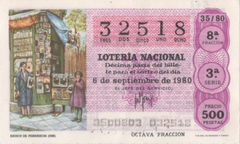 Loteria E00542: hoja nº 37. Loteria Nacional. Nº 32518, serie 3ª, fracción 8ª, precio 500 pesetas, sorteo 35/80 del 6 de Septiembre de 1980. Kiosco de Periodicos (1928)