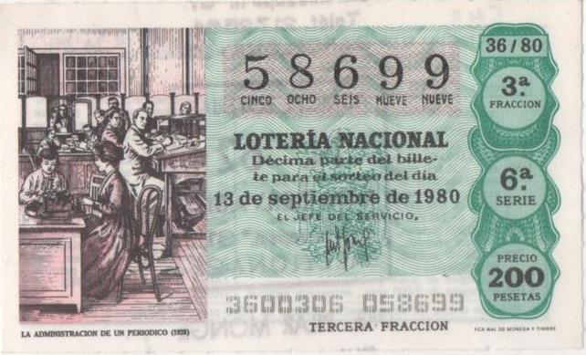 Loteria E00543: hoja nº 37. Loteria Nacional. Nº 58699, serie 6ª, fracción 3ª, precio 200 pesetas, sorteo 36/80 del 13 de Septiembre de 1980. La Administración de un Periodico (1928)