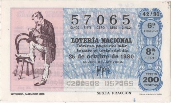 Loteria E00549: hoja nº 37. Loteria Nacional. Nº 57065, serie 8ª, fracción 6ª, precio 200 pesetas, sorteo 42/80 del 25 de Octubre de 1980. Reportero. Caricatura (1892)