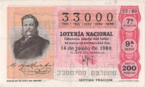 Loteria E00530: hoja nº 36. Loteria Nacional. Nº 33000, serie 9ª, fracción 7ª, precio 200 pesetas del 14 de Junio de 1980. Manuel Mº de Santa Ana (1820-1894)