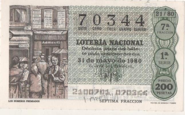 Loteria E00528: hoja nº 36. Loteria Nacional. Nº 70344, serie 1ª, fracción 7ª, precio 200 pesetas, sorteo 21/80 del 31 de Mayo de 1980. Los Numeros Premiados