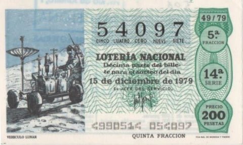 Loteria E00506: hoja nº 35. Loteria Nacional. Nº 54097, serie 14ª, fracción 5ª, precio 200 pesetas, sorteo 49/79 del 15 de Diciembre de 1979.Vehiculo Lunar