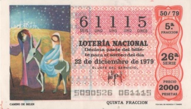 Loteria E00507: hoja nº 35. Loteria Nacional. Nº 61115, serie 26ª, fracción 5ª, precio 2000 pesetas, sorteo 50/79 del 22 de Diciembre de 1979. Camino de Belén