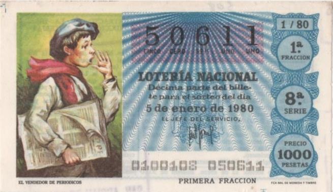 Loteria E00508: hoja nº 35. Loteria Nacional. Nº 50611, serie 8ª, fracción 1ª, precio 1000 pesetas, sorteo 1/80 del 5 de Enero de 1980. El Vendedor de Periodicos