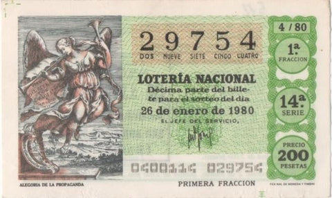 Loteria E00511: hoja nº 35. Loteria Nacional. Nº 29754, serie 14ª, fracción 1ª, precio 200 pesetas, sorteo 4/80 del 26 de Enero de 1980.Alegoria de la Propaganda