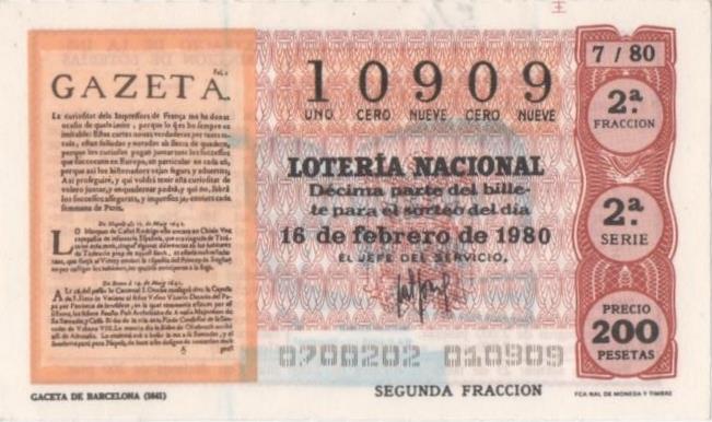 Loteria E00514: hoja nº 35. Loteria Nacional. Nº 10909, serie 2ª, fracción 2ª, precio 200 pesetas, sorteo 7/80 del 16 de Febrero de 1980. Gaceta de Barcelona (1641)