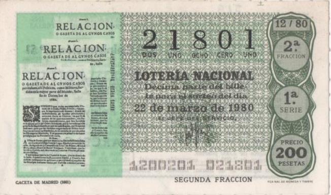 Loteria E00519: hoja nº 36. Loteria Nacional. Nº 21801, serie 1ª, fracción 2ª, precio 200 pesetas, sorteo 12/80 del 22 de Marzo de 1980. Gaceta de Madrid (1661)