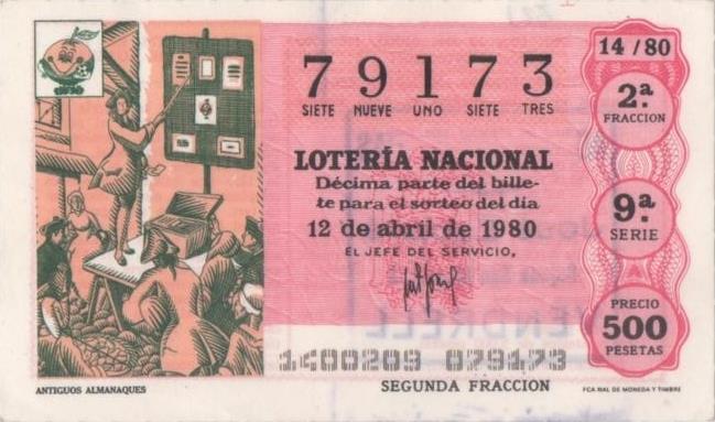 Loteria E00521: hoja nº 36. Loteria Nacioan.  Nº 79173, serie 9ª, fracción 2ª, precio 500 pesetas, sorteo 14/80 del 12 de Abril de 1980. Antiguos Almanaques