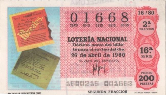 Loteria E00523: hoja nº 36. Loteria Nacional. Nº 01668, serie 16ª, fracción 2ª, precio 200 pesetas, sorteo 16/80 del 26 de Abril de 1980. Recibos de Suscripción (1861)