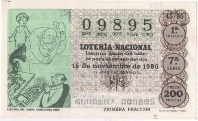 Loteria E00552: hoja nº 38. Loteria Nacional. Nº 09895, serie 7ª, fracción 1ª, precio 200 pesetas, sorteo 45/80 del 15 de Noviembre de 1980. Llegada del Gordo. Caricatura (1925)