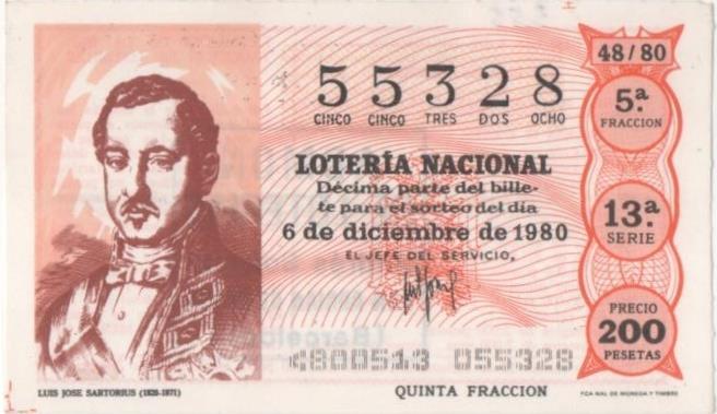 Loteria E00555: hoja nº 38. Loteria Nacional. Nº 55328, serie 13ª, fracción 5ª, precio 200 pesetas, sorteo 48/80 del 6 de Diciembre de 1980. Luis José Sartorius (1820-1871)