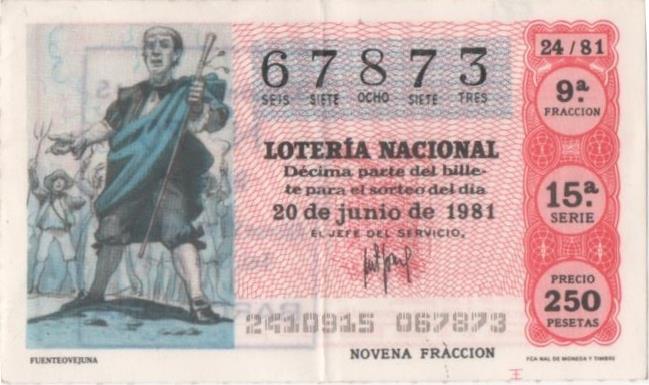 Loteria E00581: hoja nº 39. Loteria Nacional. Nº 67873, serie 15ª, fracción 9ª, precio 250 pesetas, sorteo 24/81 del 20 de Junio de 1981. Fuenteovejuna