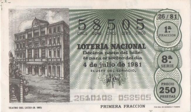 Loteria E00583: hoja nº 40. Loteria Nacional. Nº 58505, serie 8ª, fracción 1ª, precio 250 pesetas, sorteo 26/81 del 4 de Julio de 1981. Teatro del Liceo (1883)