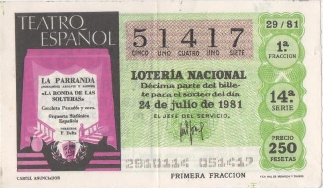 Loteria E00586: hoja nº 40. Loteria Nacional. Nº 51417, serie 14ª, fracción 1ª, precio 250 pesetas, sorteo 29/81 del 24 de Julio de 1981. Cartel Anunciador.