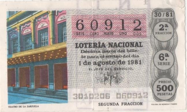 Loteria E00587: hoja nº 40. Loteria Nacional. Nº 60912, serie 6ª, fracción 2ª, precio 500 pesetas, sorteo 30/81 del 1 de Agosto de 1981. Teatro de la Zarzuela