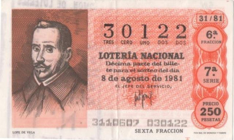 Loteria E00588: hoja nº 40. Loteria Nacional. Nº 30122, serie 7ª, fracción 6ª, precio 250 pesetas, sorteo 31/81 del 8 de Agosto de 1981