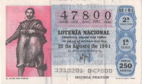 Loteria E00590: hoja nº 40. Loteria Nacional. Nº 47800, serie 1ª, fracción 2ª, precio 250 pesetas, sorteo 33/81 del 22 de Agosto de 1981. El Actor. "Don Pablos"