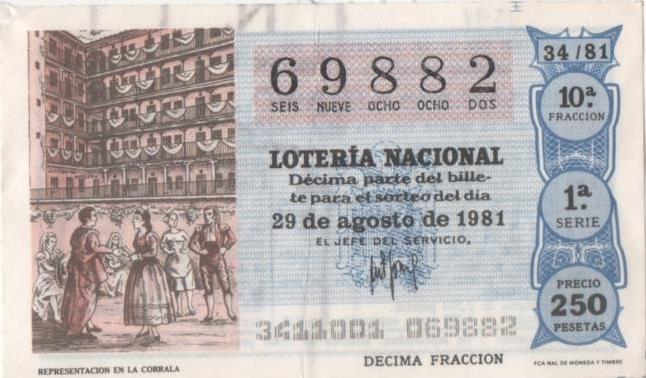 Loteria E00591: hoja nº 40. Loteria Nacional. Nº 69882, serie 1ª, fracción 10ª, precio 250 pesetas, sorteo 34/81 del 29 de Agosto de 1981. Representación en la Corrala