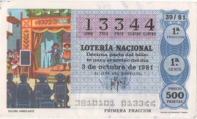 Loteria E00596: hoja nº 40. Loteria Nacional. Nº 13344, serie 1ª, fracción 1ª, precio 500 pesetas, sorteo 39/81 del 3 de Octubre de 1981. Teatro Ambulante