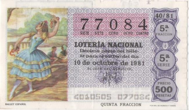 Loteria E00597: hoja nº 40. Loteria Nacional. Nº 77084, serie 5ª, fracción 5ª, precio 500 pesetas, sorteo 10 de Octubre de 1981. Ballet Español