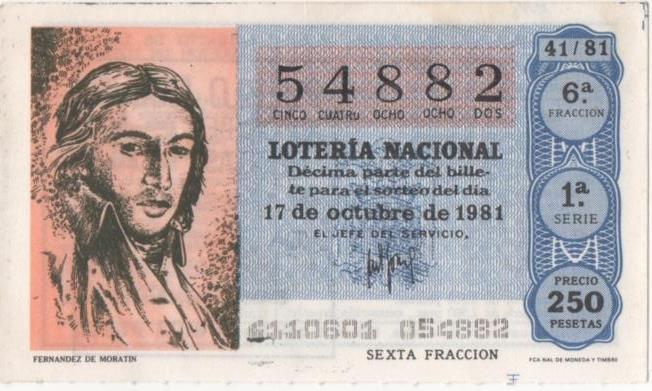 Loteria E00598: hoja nº 41. Loteria Nacional. Nº 54882, serie 1ª, fracción 6ª, precio 250 pesetas, sorteo 41/81 del 17 de Octubre de 1981. Fernández de Moratín