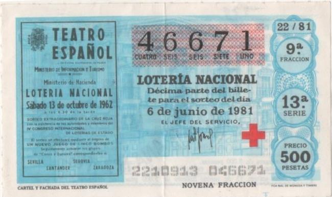 Loteria E00579: hoja nº 39. Loteria Nacional. Nº 46671, serie 13ª, fracción 9ª, precio 500 pesetas, sorteo 22/81 del 6 de Junio de 1981. Cartel y Fachada del Teatro Español