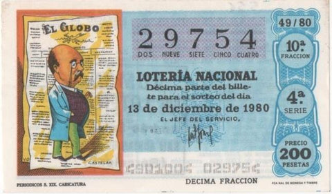 Loteria E00556: hoja nº 38. Loteria Nacional. Nº 29754, serie 4ª, fracción 10ª, precio 200 pesetas, sorteo 49/80 del 13 de Diciembre de 1980. Periodicos  S. XIX. Caricatura