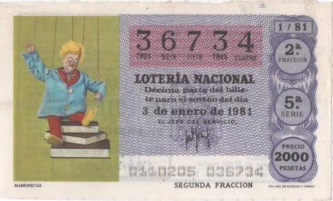 Loteria E00558: hoja nº 38. Loteria Nacional. Nº 36734, serie 5ª, fracción 2ª, precio 2000 pesetas, sorteo 1/81 del 3 de Enero de 1981. Marionetas