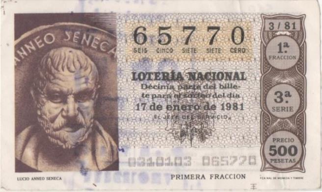 Loteria E00560: hoja nº 38. Loteria Nacional. Nº 65770, serie 3ª, fracción 1ª, precio 500 pesetas, sorteo 3/81 del 17 de Enero de 1981. Lucio Anneo Seneca