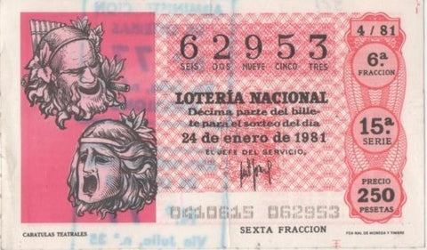 Loteria E00561: hoja nº 38. Loteria Nacional. Nº 62953, serie 15ª, fracción 6ª, precio 250 pesetas, sorteo 4/81 del 24 de Enero de 1981. Caratulas Teatrales