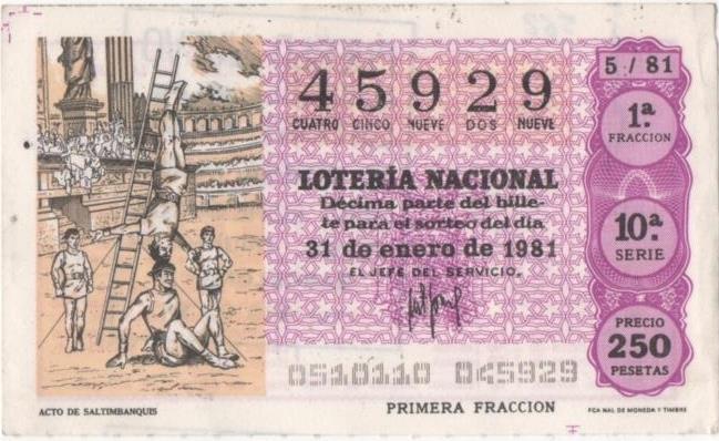 Loteria E00562: hoja nº 38. Loteria Nacional. Nº 45929, serie 10ª, fracción 1ª, precio 250 pesetas, sorteo 5/81 del 31 de Enero de 1981. Acto de Saltimbanquis