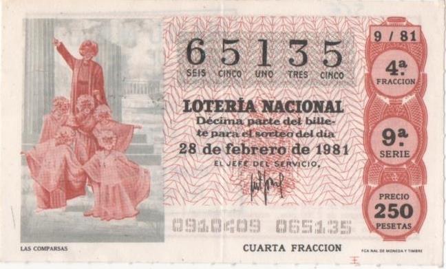 Loteria E00566: hoja nº 39. Loteria Nacional. Nº 65135, serie 9ª, fracción 4ª, precio 250, sorteo 9/81 del 28 de Febrero de 1981. las Comparsas