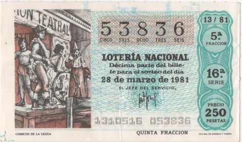 Loteria E00570: hoja nº 39. Loteria Nacional. Nº 53836, serie 16ª, fracción 5ª, precio 250 pesetas, sorteo 13/81 del 28 de Marzo de 1981. Comicos de la  Legua