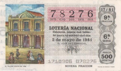 Loteria E00574: hoja nº 39. Loteria nacional. Nº 78276, serie 6ª, fracción 9ª, precio 500 pesetas, sorteo 17/81 del 2 de Mayo de 1981. El Teatro Nuevo (1750)